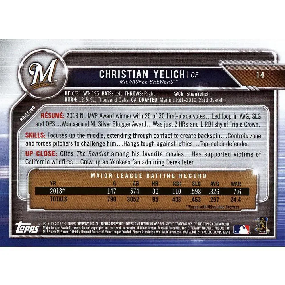 2019 Bowman Christian Yelich #14 Milwaukee Brewers
